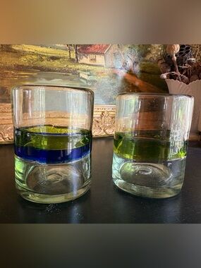 Recycled Glass Blue/ Green & Green Band Drinking Glasses 10-12 fluid Oz Set of 2